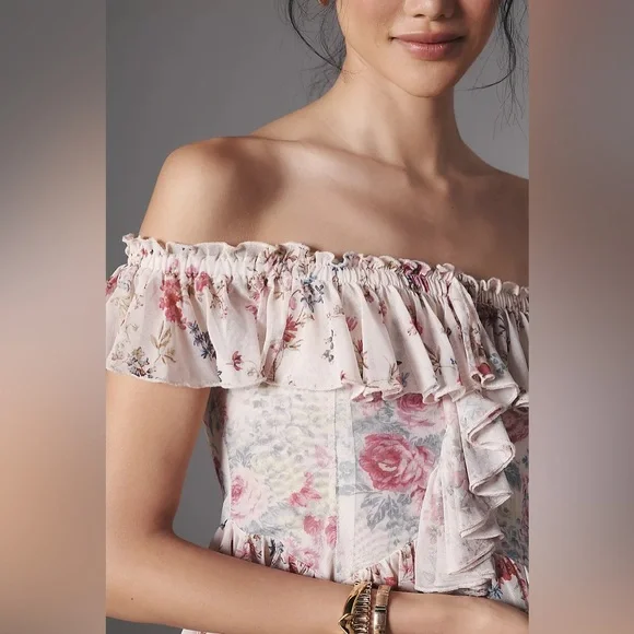 Anthropologie Off-The-Shoulder‎ Pink Floral Mesh Ruffle Top Cottage Core Boho - Picture 2 of 5